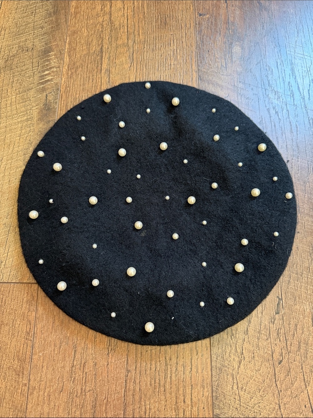 Zara Black Beret with Faux Pearl Studs